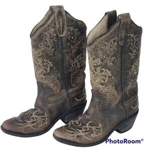 Old West Youth Size 12.5D embroidered leather cowboy boots
